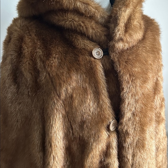Vintage Neutral Brown Faux Fur Hooded Reversible Full Length Trench Coat 1X Soft - Picture 4 of 13